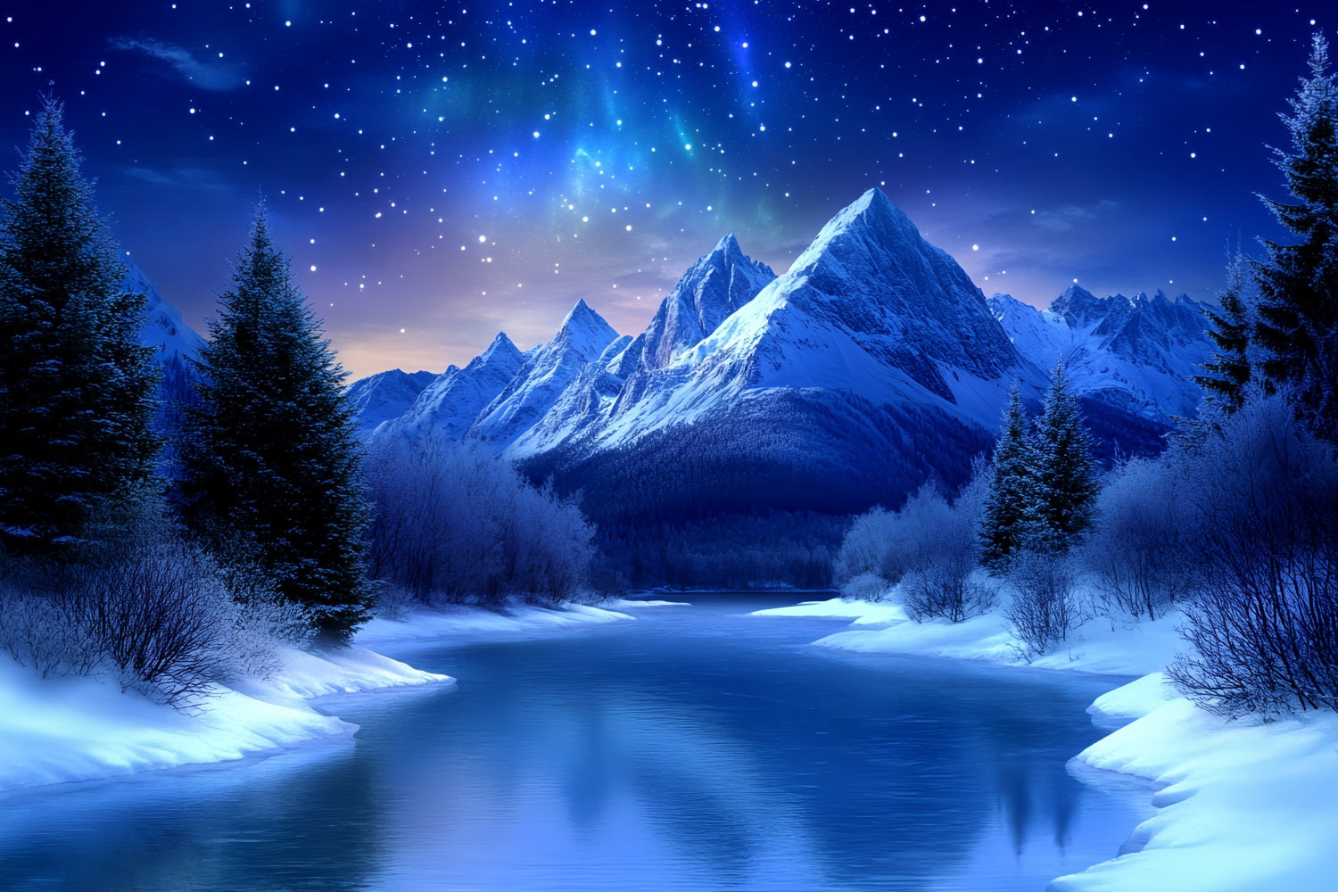 Winter Mountain Backdrop Starry Night Over Frozen River Mountains Winter wonderland Backdrops UK CSH58-26