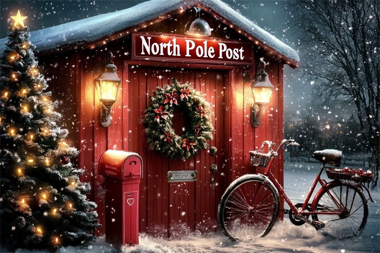 North Pole Backdrop North Pole Red Post Office with Wreath Winter holiday Backdrop UK CSH58-34