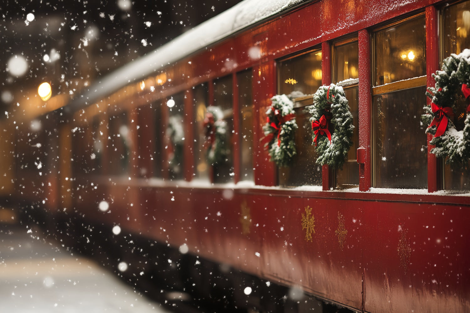North Pole Backdrop Christmas Wreath Train Carriage Snowfall Winter holiday Backdrop UK CSH58-39
