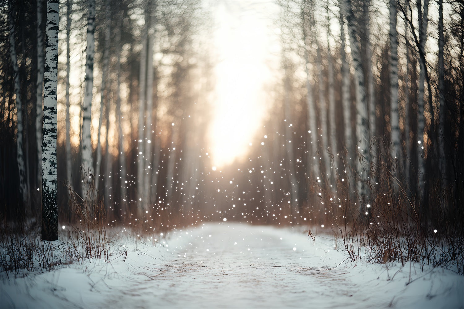 Nature Backdrop Falling Snow Birch Forest Blurred Backlight Winter Backdrops for Photography UK CSH58-44