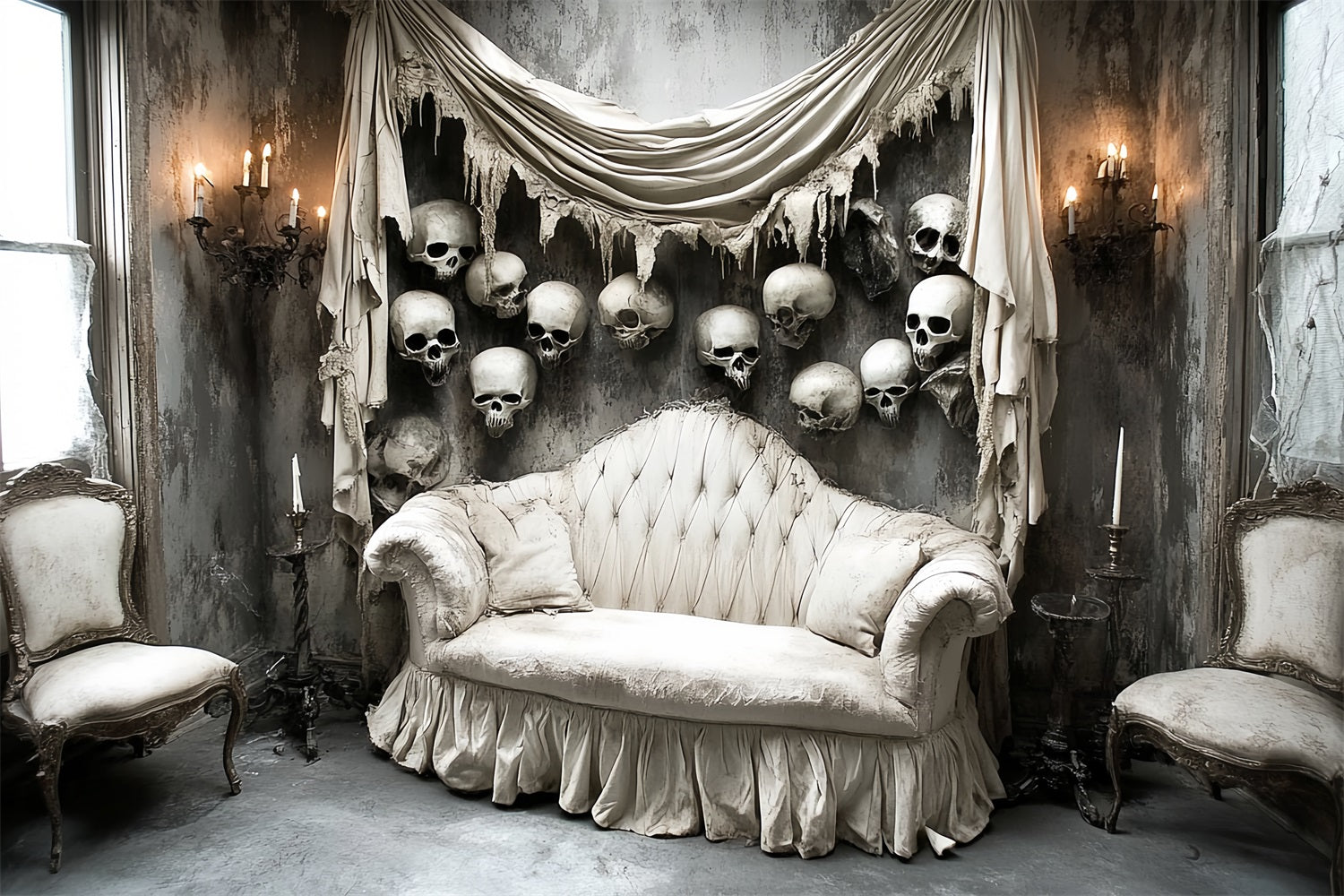 Spooky Backdrop Victorian Sofa Skull Wall Halloween Photography Backdrops UK CSH58-57