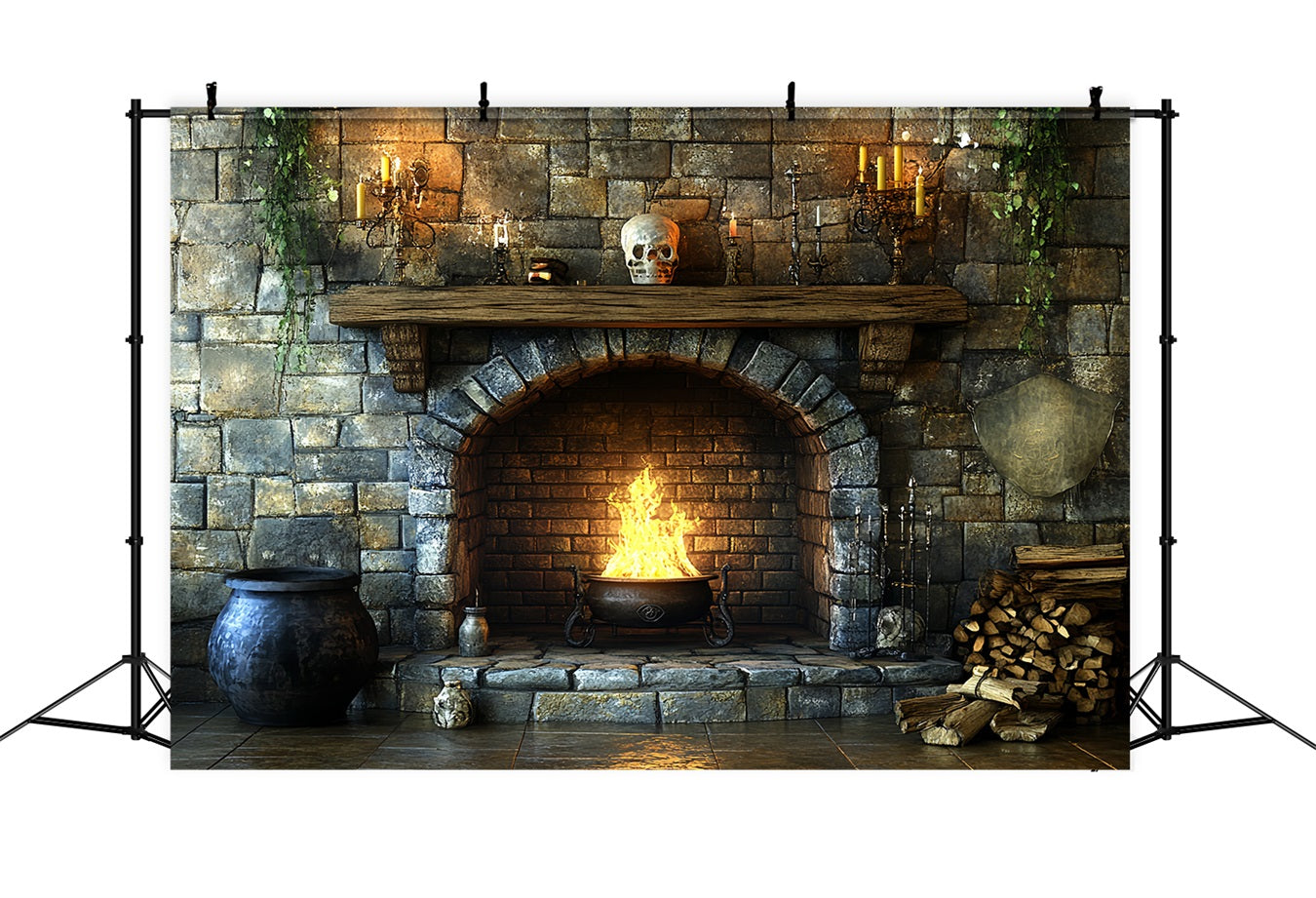 Fireplace Backdrop Witch Cauldron Fireplace Flames Halloween Backdrop UK CSH58-60