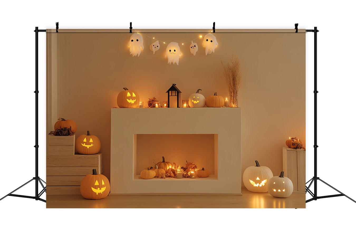 Fireplace Backdrop Smiling Pumpkin Ghost Mantel Halloween Photo Backdrop UK CSH58-63