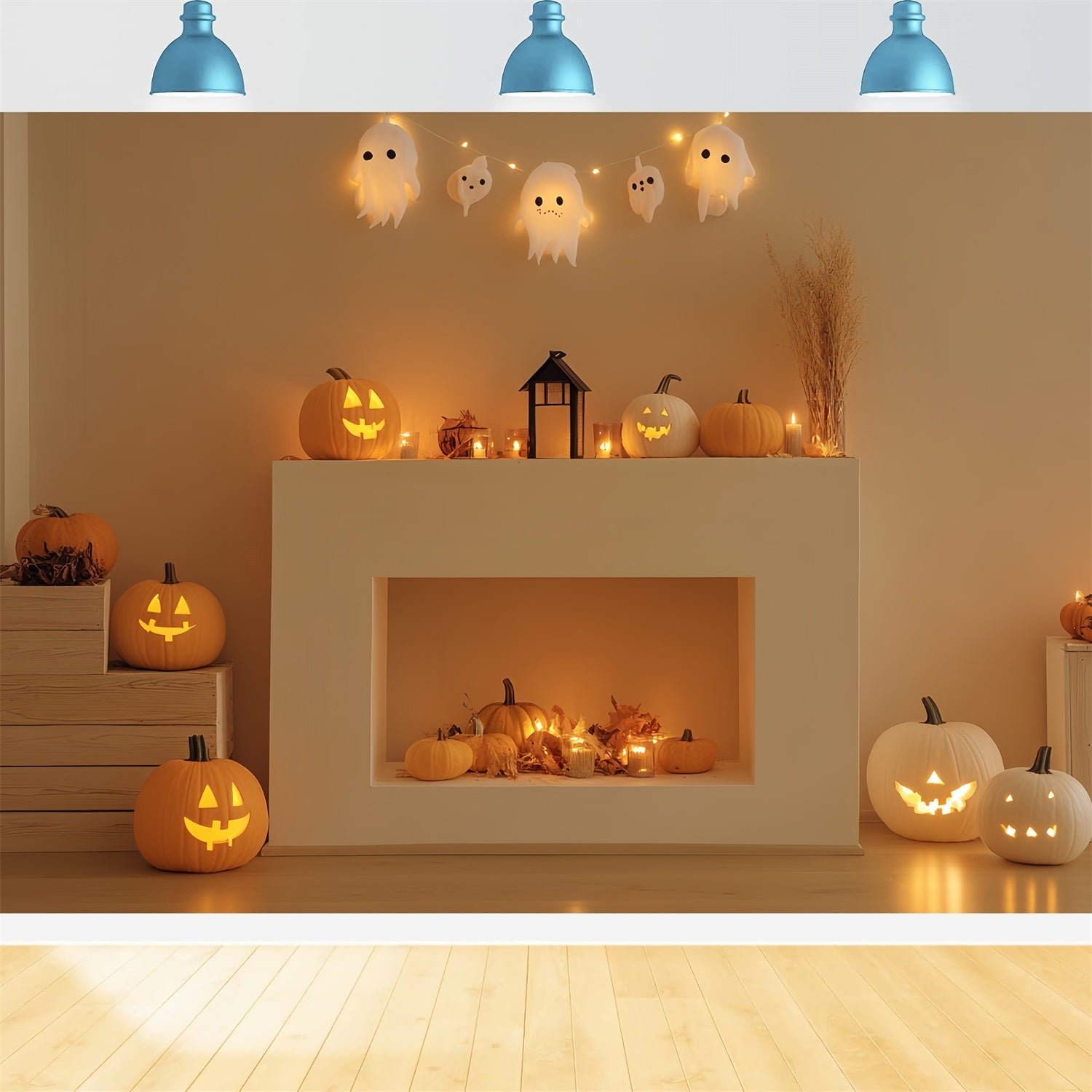 Fireplace Backdrop Smiling Pumpkin Ghost Mantel Halloween Photo Backdrop UK CSH58-63