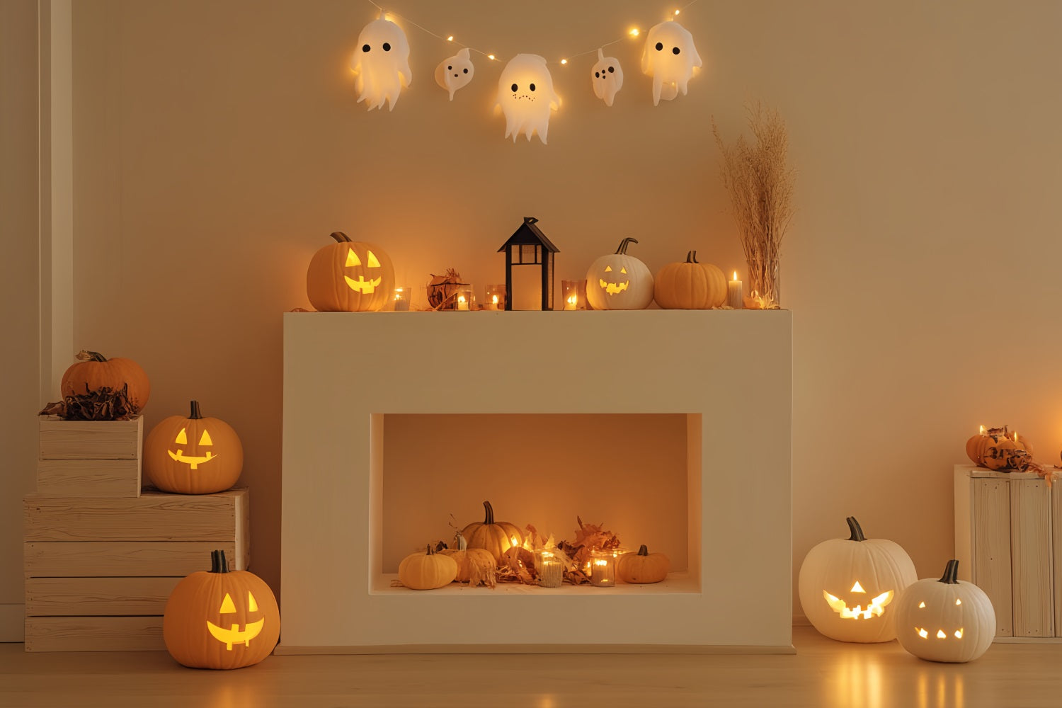 Fireplace Backdrop Smiling Pumpkin Ghost Mantel Halloween Photo Backdrop UK CSH58-63