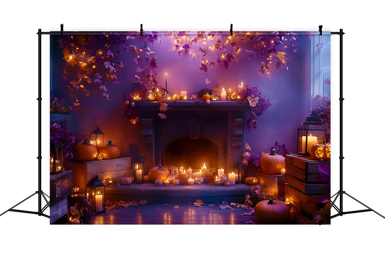 Fireplace Backdrop Autumn Leaves Candle Glow Halloween Picture Backdrop UK CSH58-64