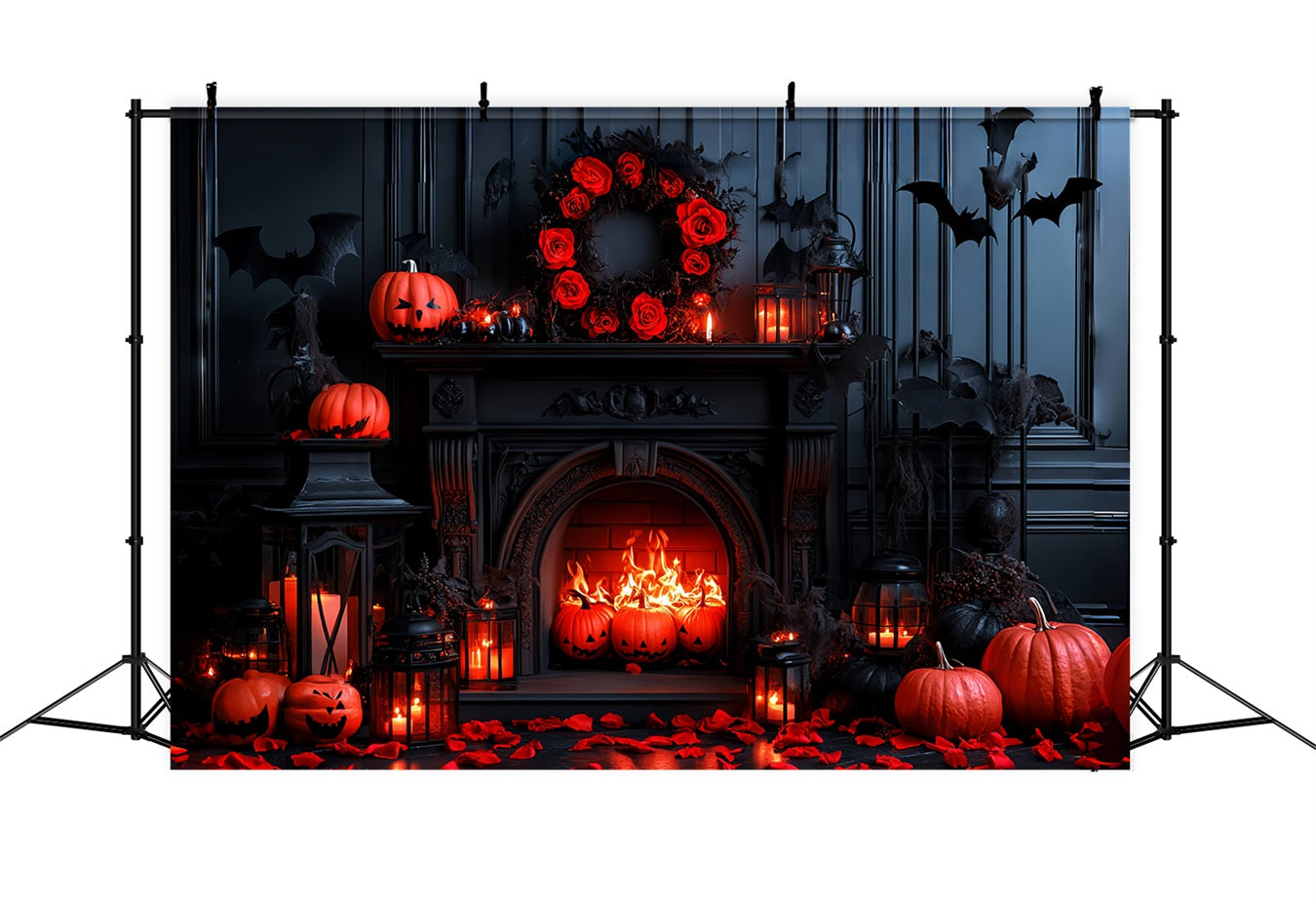 Fireplace Backdrop Gothic Bat Pumpkin Fireplace Halloween Photo Backdrop UK CSH58-65