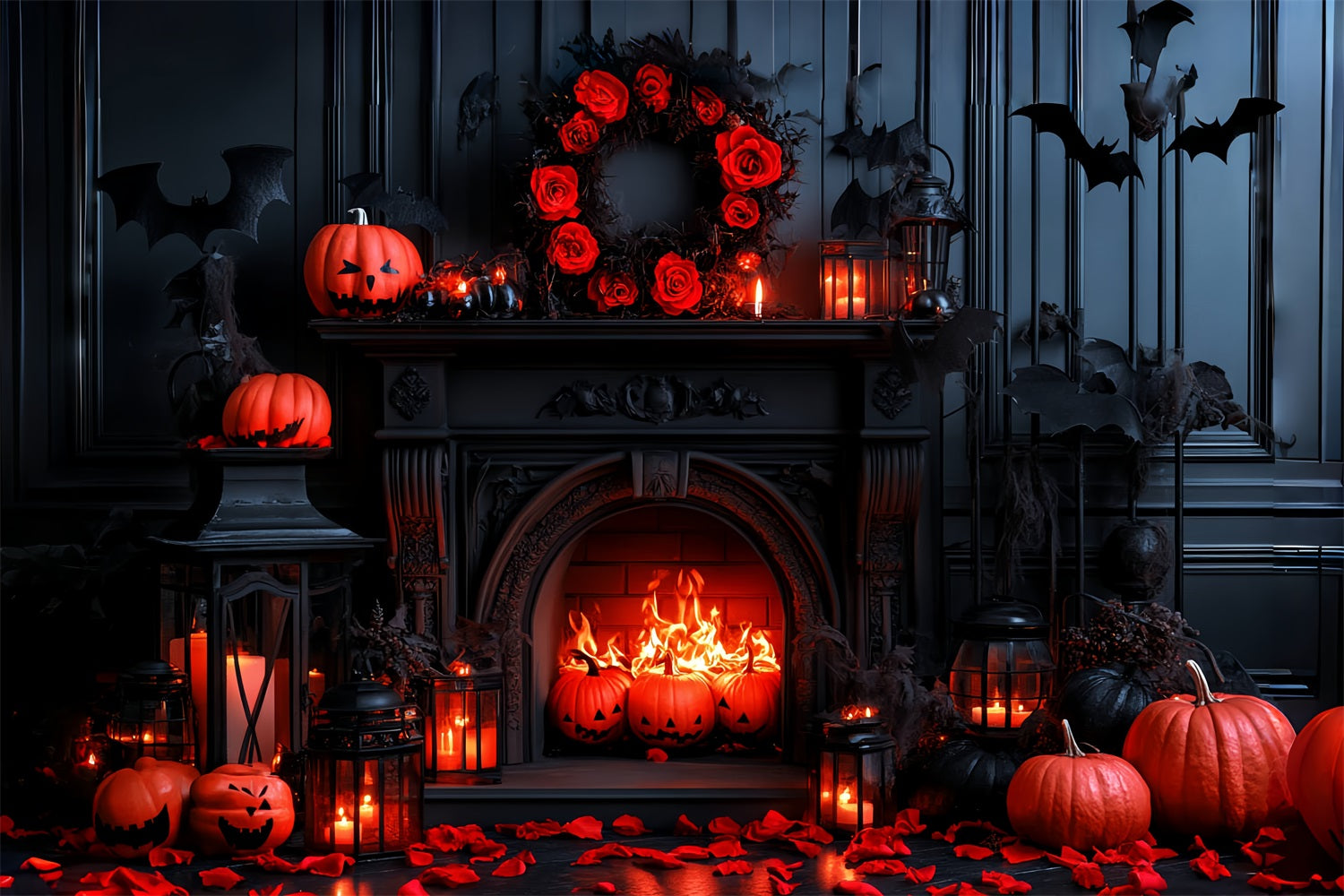 Fireplace Backdrop Gothic Bat Pumpkin Fireplace Halloween Photo Backdrop UK CSH58-65