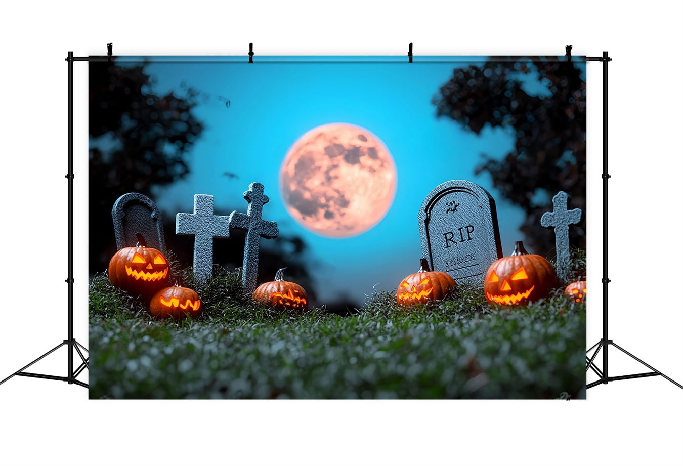 Moon Backdrop Cemetery Pumpkins Full Moon Halloween Photo Backdrop UK CSH58-69