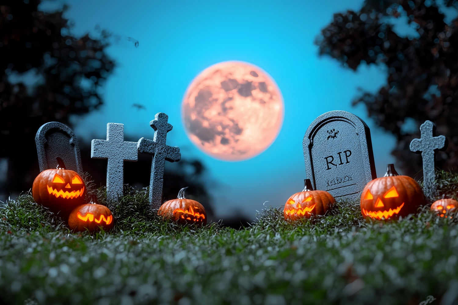 Moon Backdrop Cemetery Pumpkins Full Moon Halloween Photo Backdrop UK CSH58-69