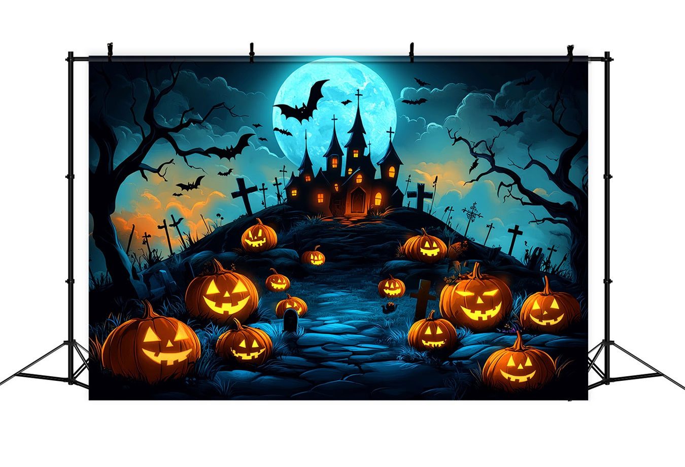 Moon Backdrop Pumpkin Hill Haunted Castle Halloween Backdrop Ideas UK CSH58-70