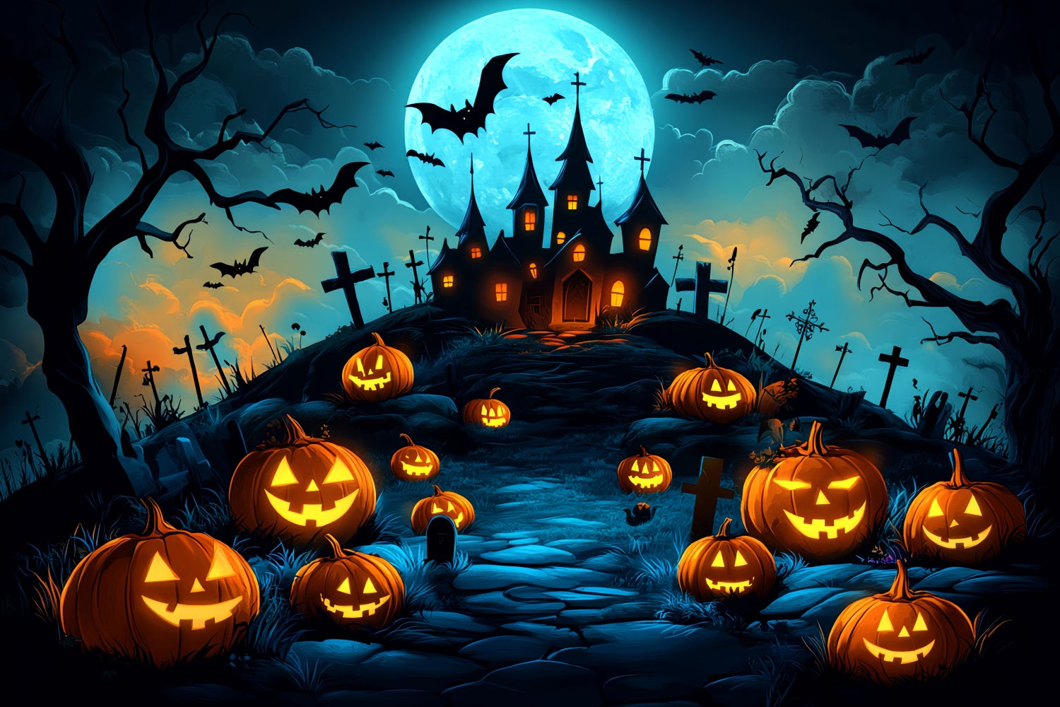 Moon Backdrop Pumpkin Hill Haunted Castle Halloween Backdrop Ideas UK CSH58-70