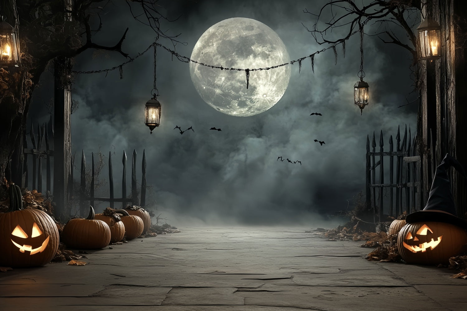 Moon Backdrop Pumpkin Lantern Moonlit Path Halloween Backdrop Ideas UK CSH58-72
