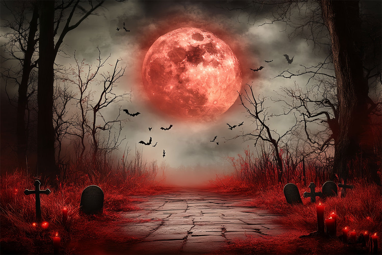 Moon Backdrop Blood Moon Haunted Graveyard Halloween Backdrop UK CSH58-73