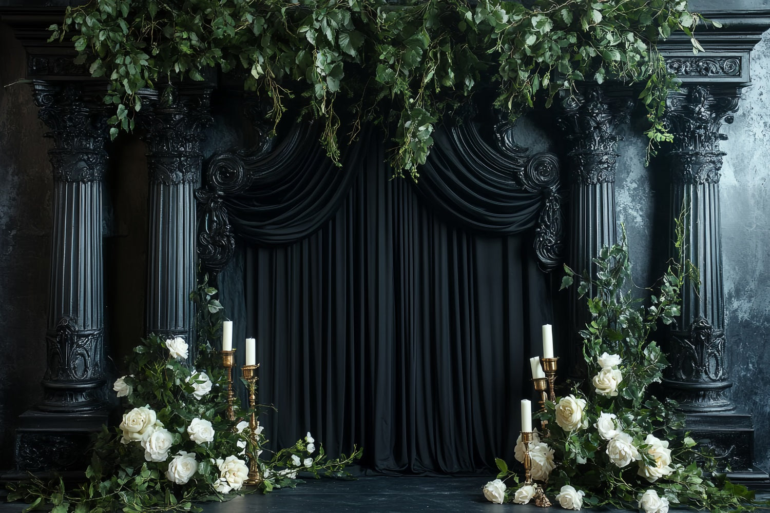 Dark Backdrop Black Pillar Roses Candles Halloween Backdrop for Photos UK CSH58-77