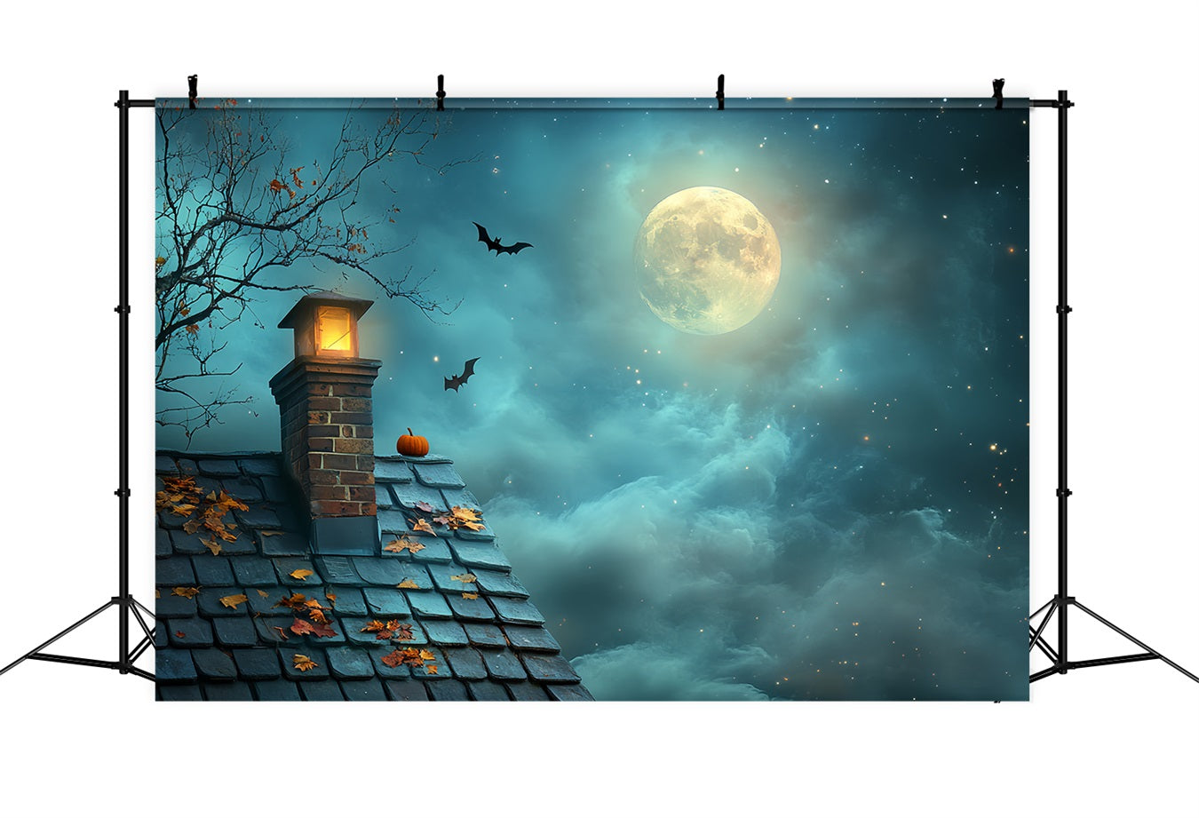 Night Sky Backdrop Pumpkin Rooftop Starry Moon Halloween Backdrops UK CSH58-82