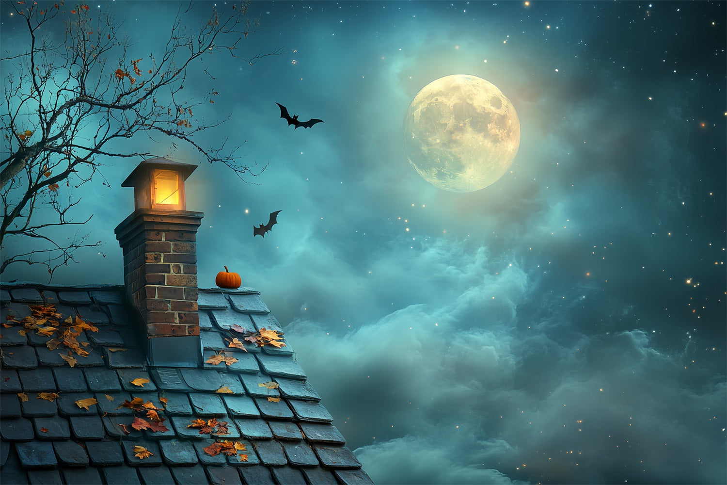 Night Sky Backdrop Pumpkin Rooftop Starry Moon Halloween Backdrops UK CSH58-82