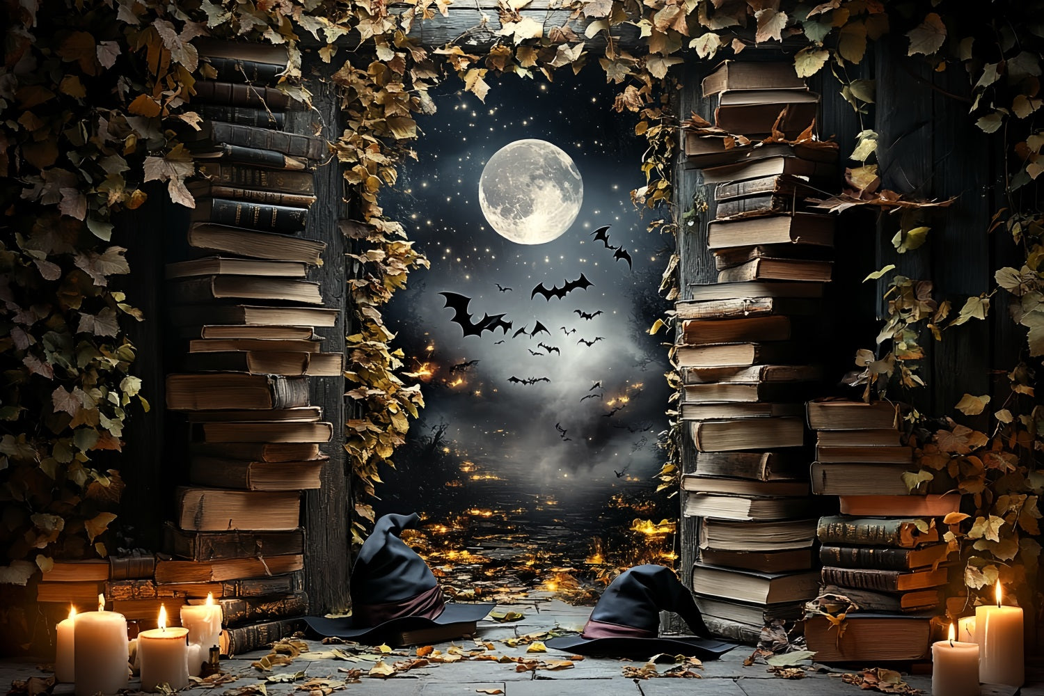 Night Sky Backdrop Witch Library Moonlit Bats Halloween Backdrop Ideas UK CSH58-84