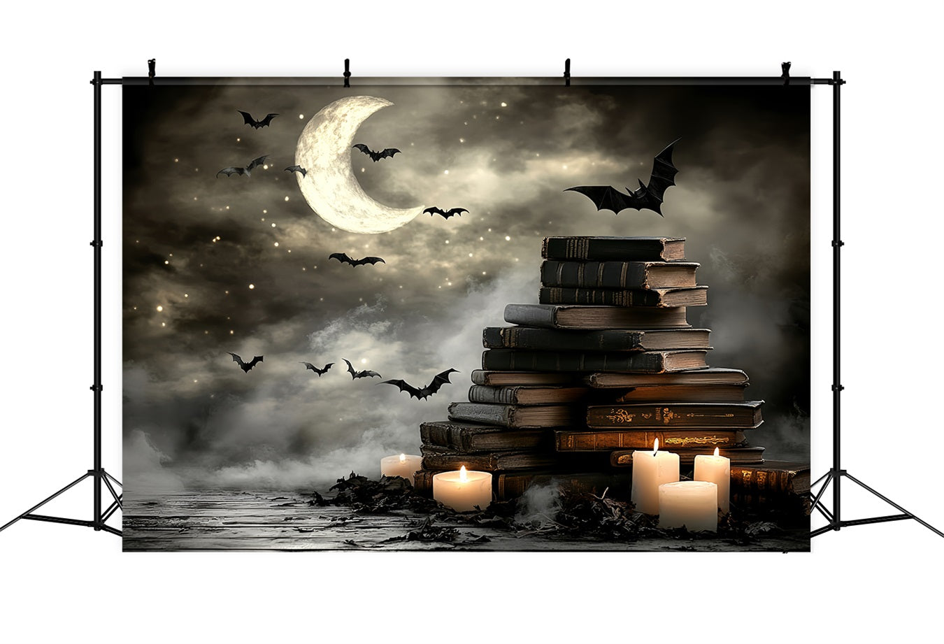 Night Sky Backdrop Crescent Moon Bats Books Candles Halloween Backdrops UK CSH58-86