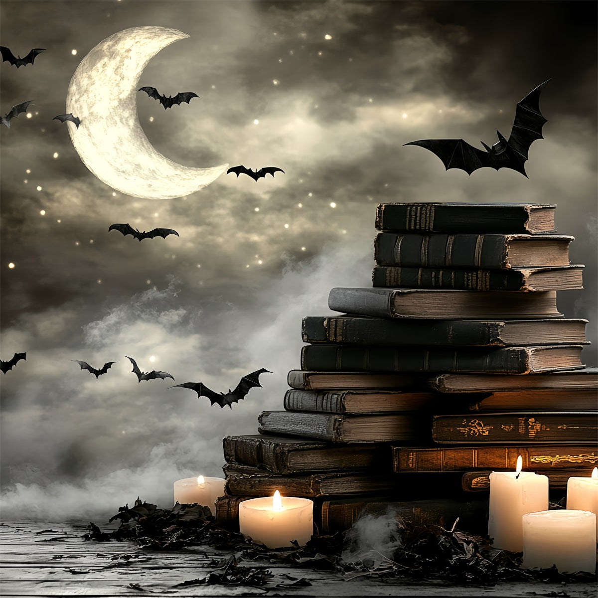 Night Sky Backdrop Crescent Moon Bats Books Candles Halloween Backdrops UK CSH58-86