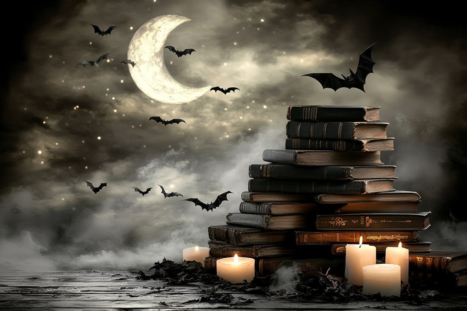 Night Sky Backdrop Crescent Moon Bats Books Candles Halloween Backdrops UK CSH58-86