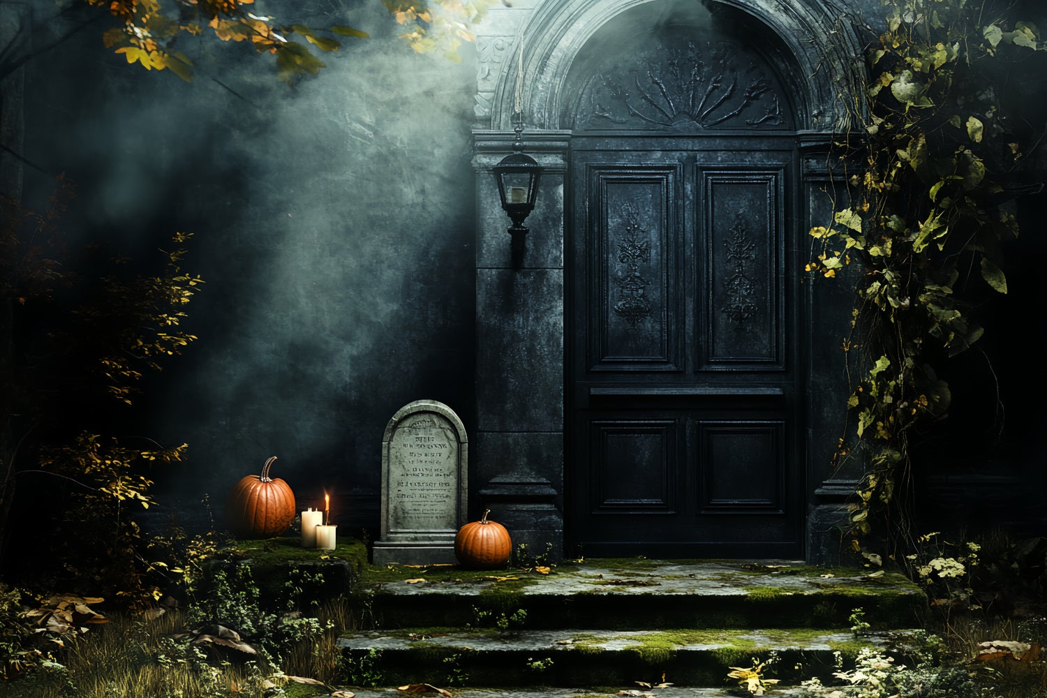 Cemetery Backdrop Haunted Door Pumpkins Moss Gravestone Halloween Backdrop UK CSH58-88