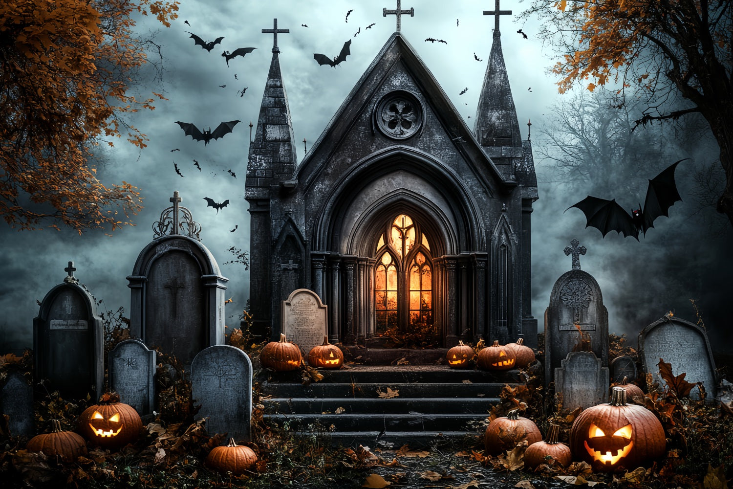 Cemetery Backdrop Gothic Church Pumpkins Bats Gravestones Halloween Backdrops UK CSH58-89