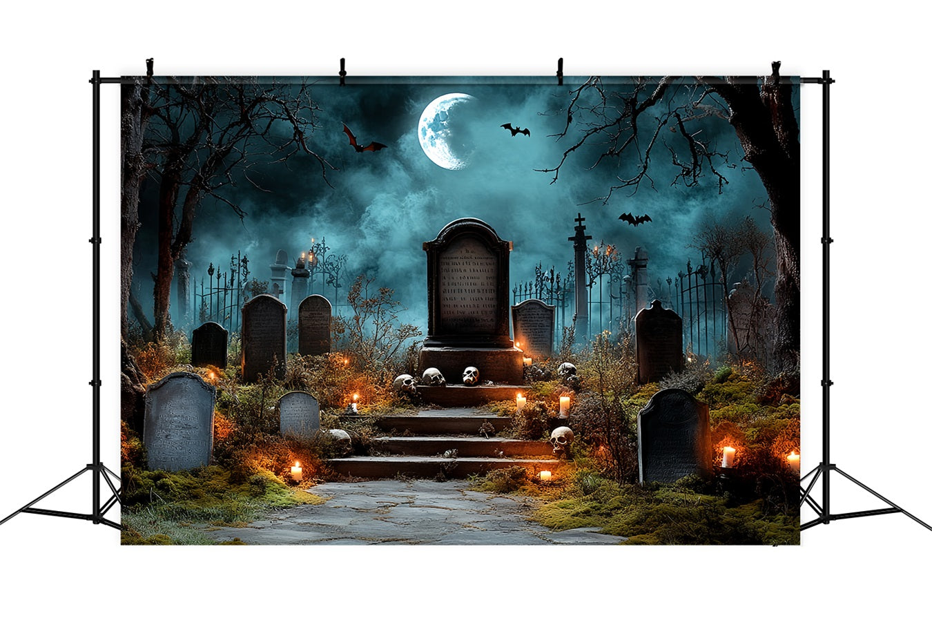 Cemetery Backdrop Spooky Tombstones Bat Night Halloween Backdrop UK CSH58-90
