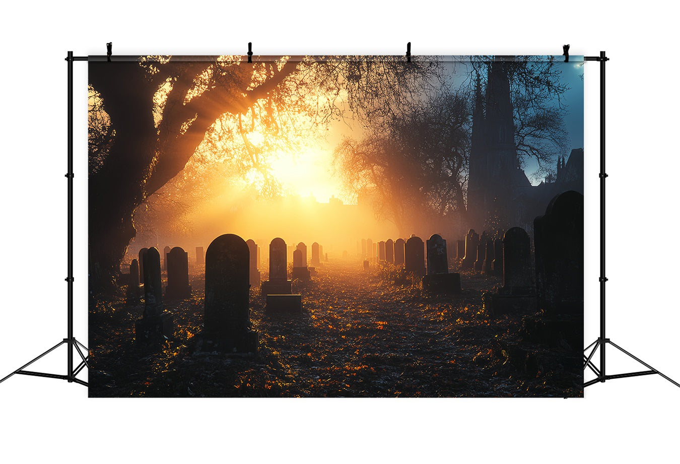 Cemetery Backdrop Cemetery Golden Sunset Mist Halloween Backdrops UK CSH58-92