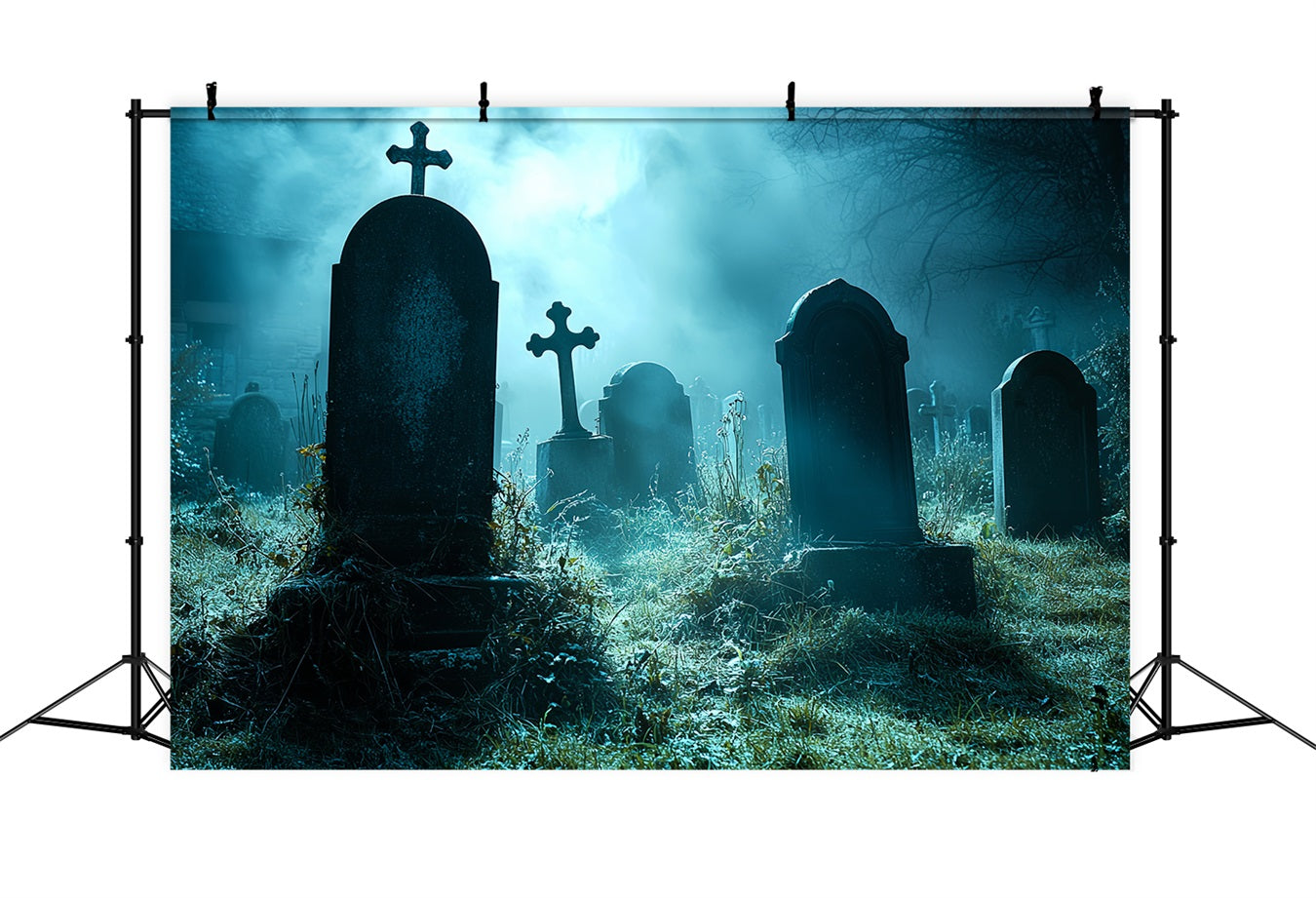Cemetery Backdrop Foggy Midnight Graveyard Crosses Halloween Backdrop UK CSH58-94