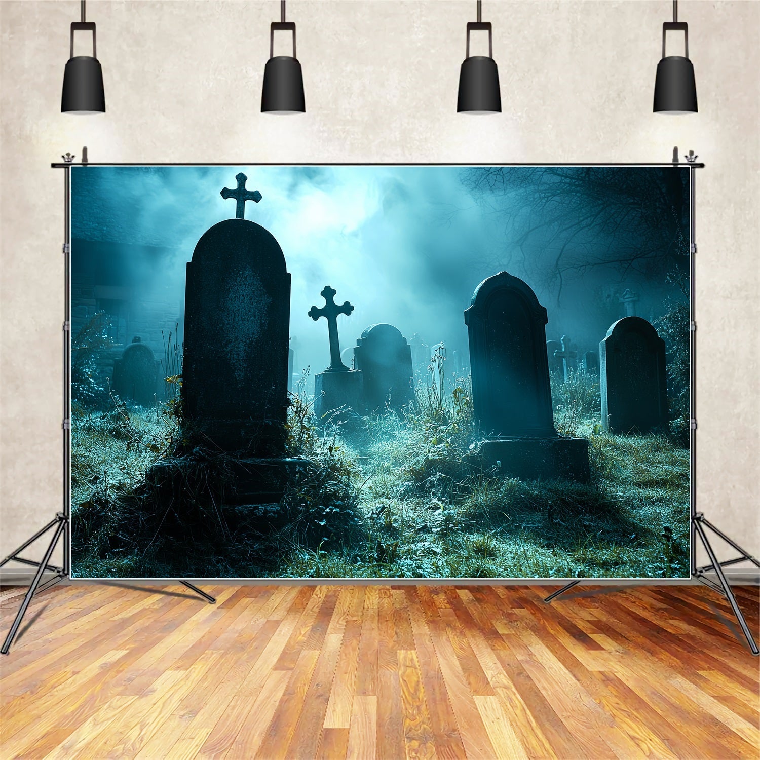 Cemetery Backdrop Foggy Midnight Graveyard Crosses Halloween Backdrop UK CSH58-94