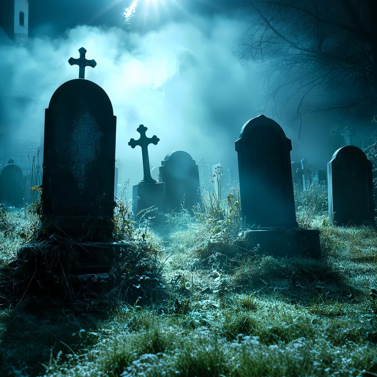 Cemetery Backdrop Foggy Midnight Graveyard Crosses Halloween Backdrop UK CSH58-94