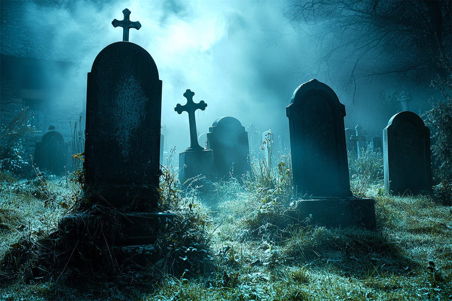 Cemetery Backdrop Foggy Midnight Graveyard Crosses Halloween Backdrop UK CSH58-94