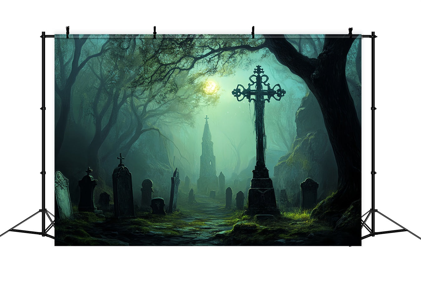 Graveyard Backdrop Moonlit Haunted Graveyard Path Halloween Photo Backdrop UK CSH58-97