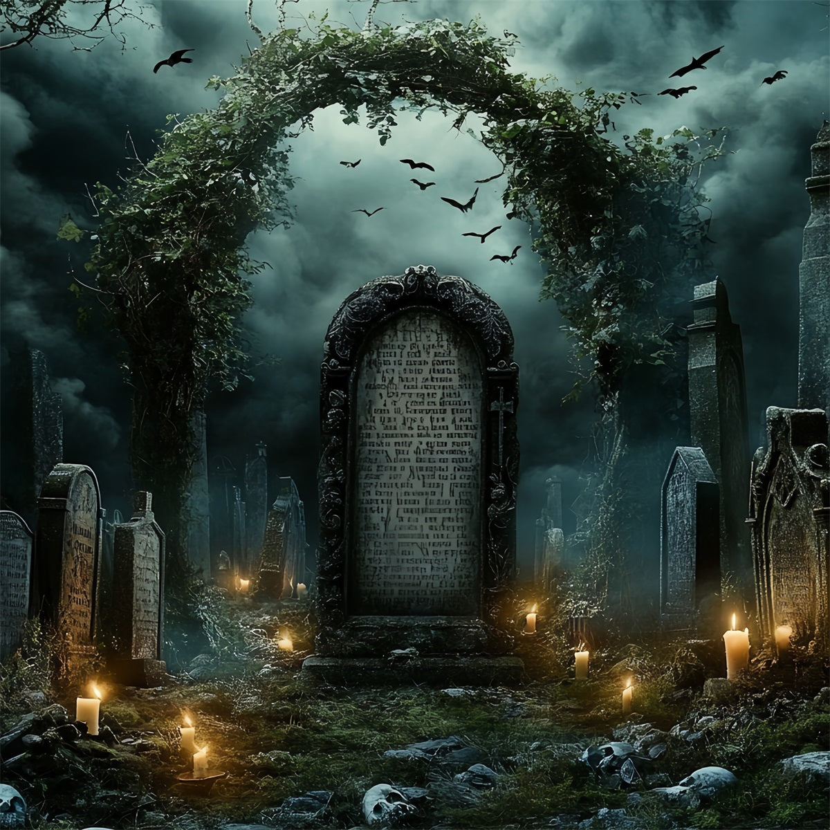 Graveyard Backdrop Ivy Arch Tombstones Halloween Backdrop Ideas UK CSH58-98