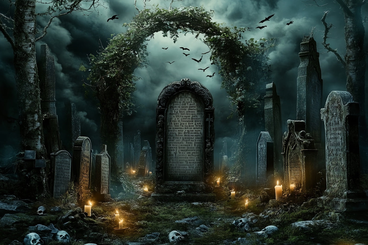 Graveyard Backdrop Ivy Arch Tombstones Halloween Backdrop Ideas UK CSH58-98