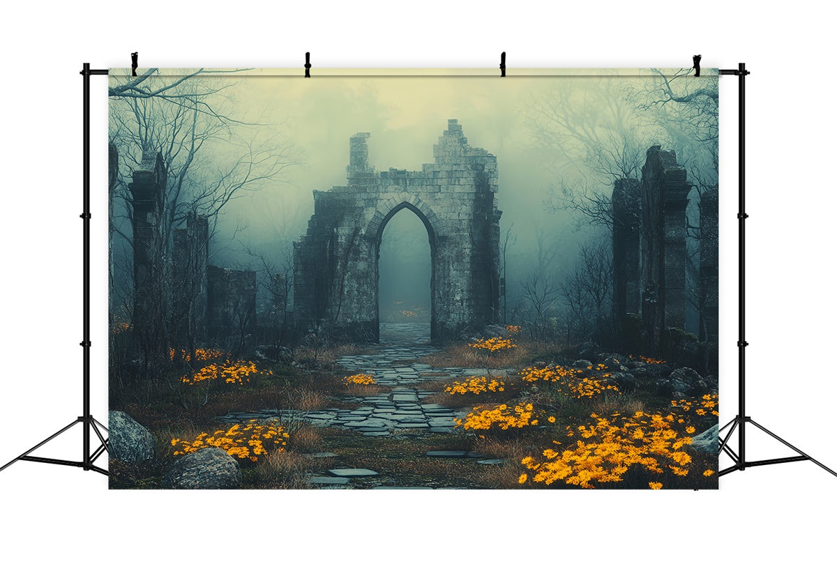 Halloween Photography Backdrop Foggy Ruins Flowers Backdrop UK CSH6-103