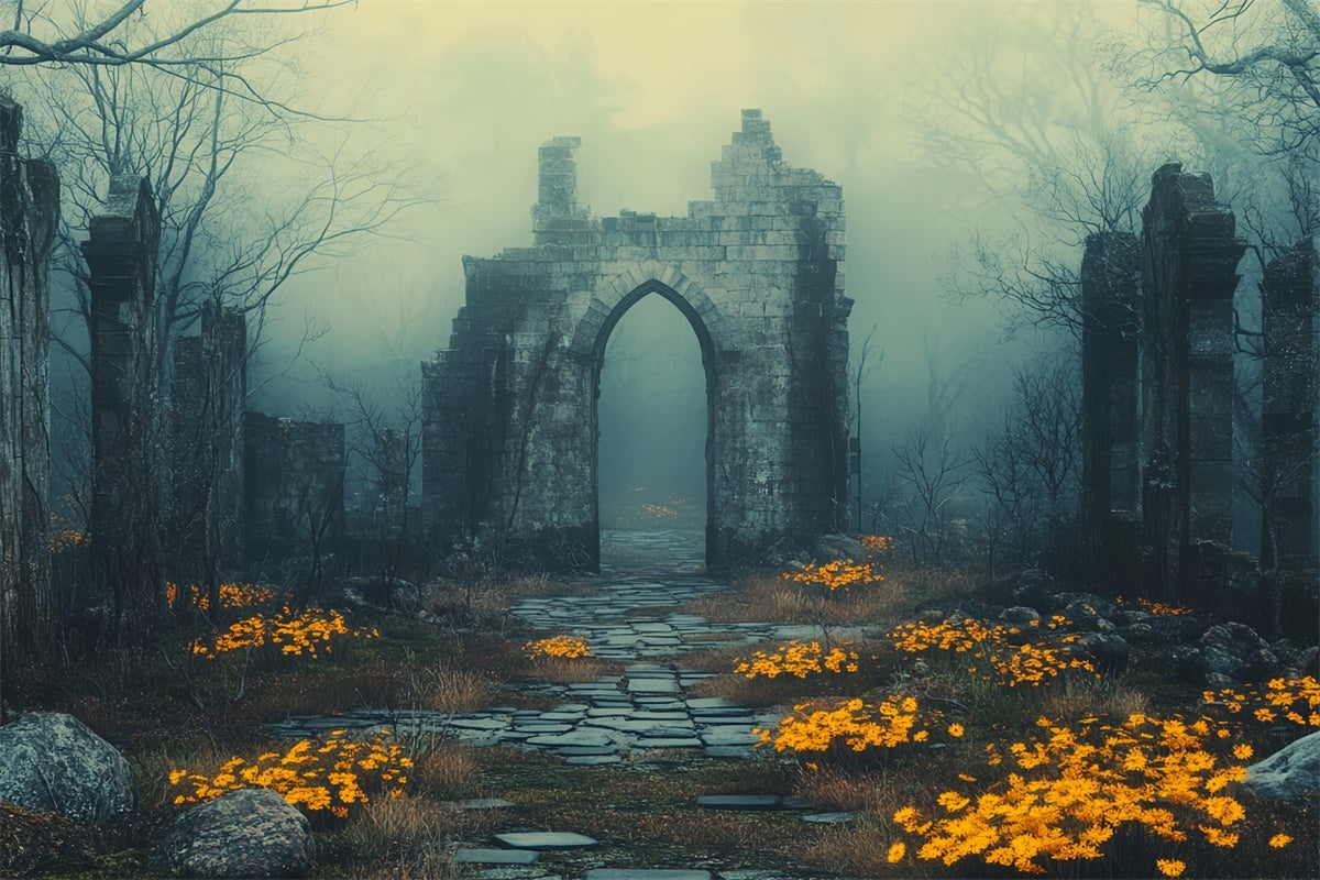 Halloween Photography Backdrop Foggy Ruins Flowers Backdrop UK CSH6-103