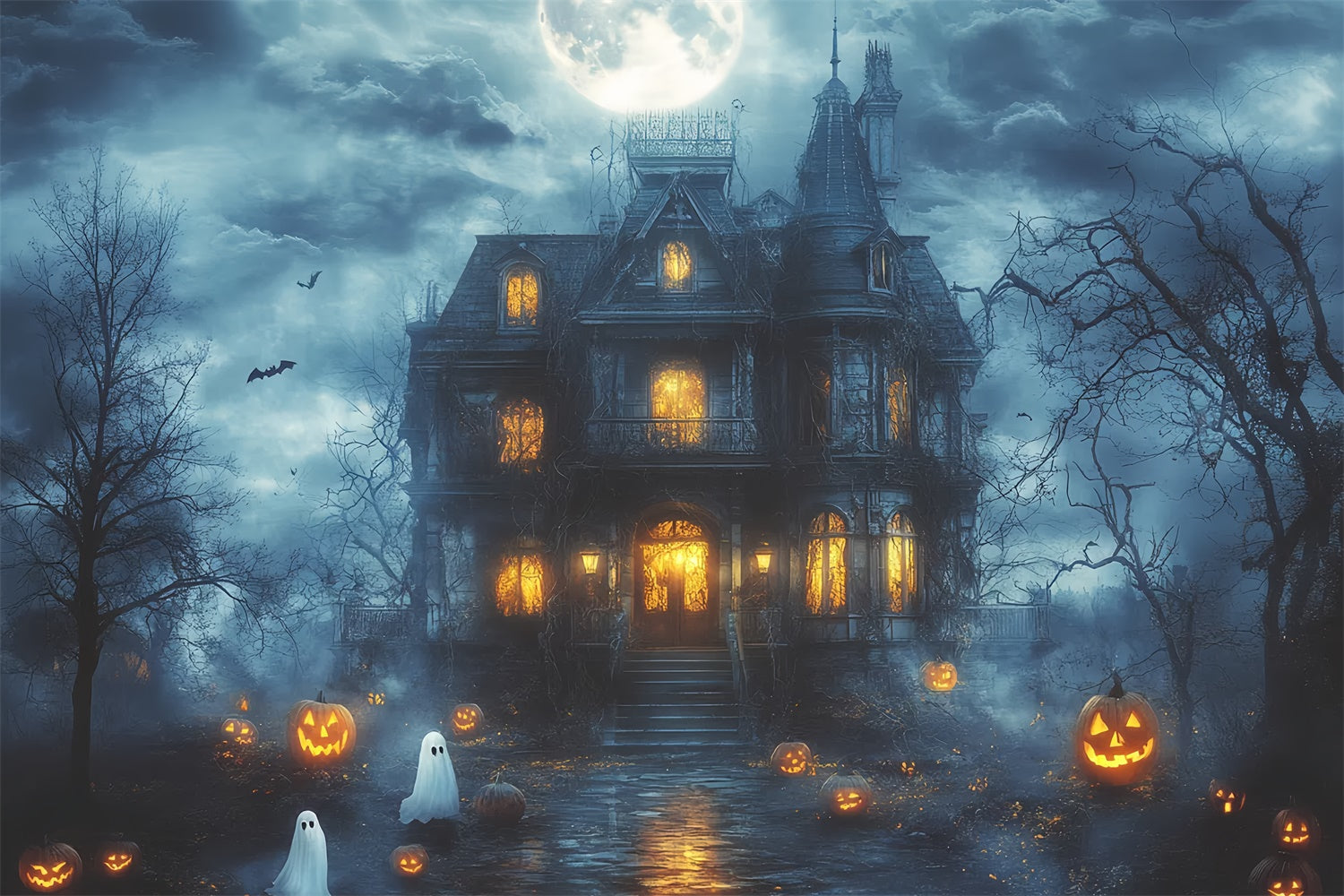 Spooky Halloween Backdrop Haunted Moonlight Mansion Backdrop UK CSH6-107