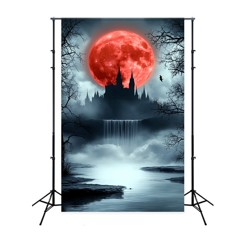 Eerie Crimson Moonlight Castle Halloween Moon Backdrop UK CSH6-111
