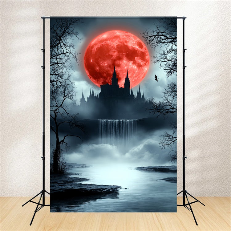Eerie Crimson Moonlight Castle Halloween Moon Backdrop UK CSH6-111