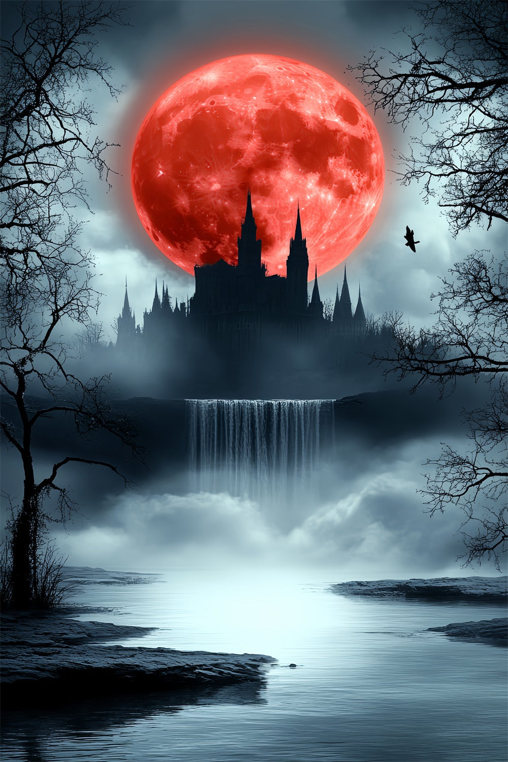 Eerie Crimson Moonlight Castle Halloween Moon Backdrop UK CSH6-111