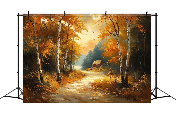 Forest Backdrop Misty Lakeside Cottage Fall Photo Backdrop UK CSH6-199
