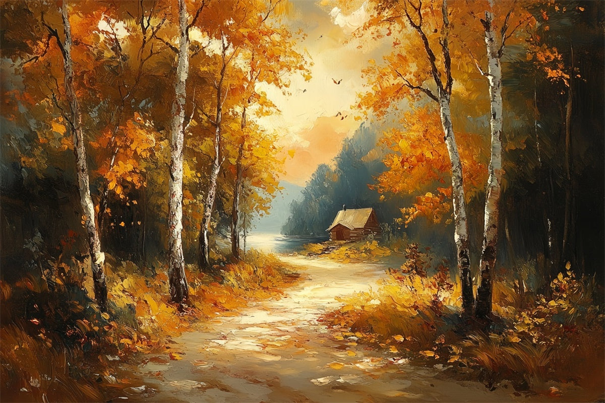 Forest Backdrop Misty Lakeside Cottage Fall Photo Backdrop UK CSH6-199