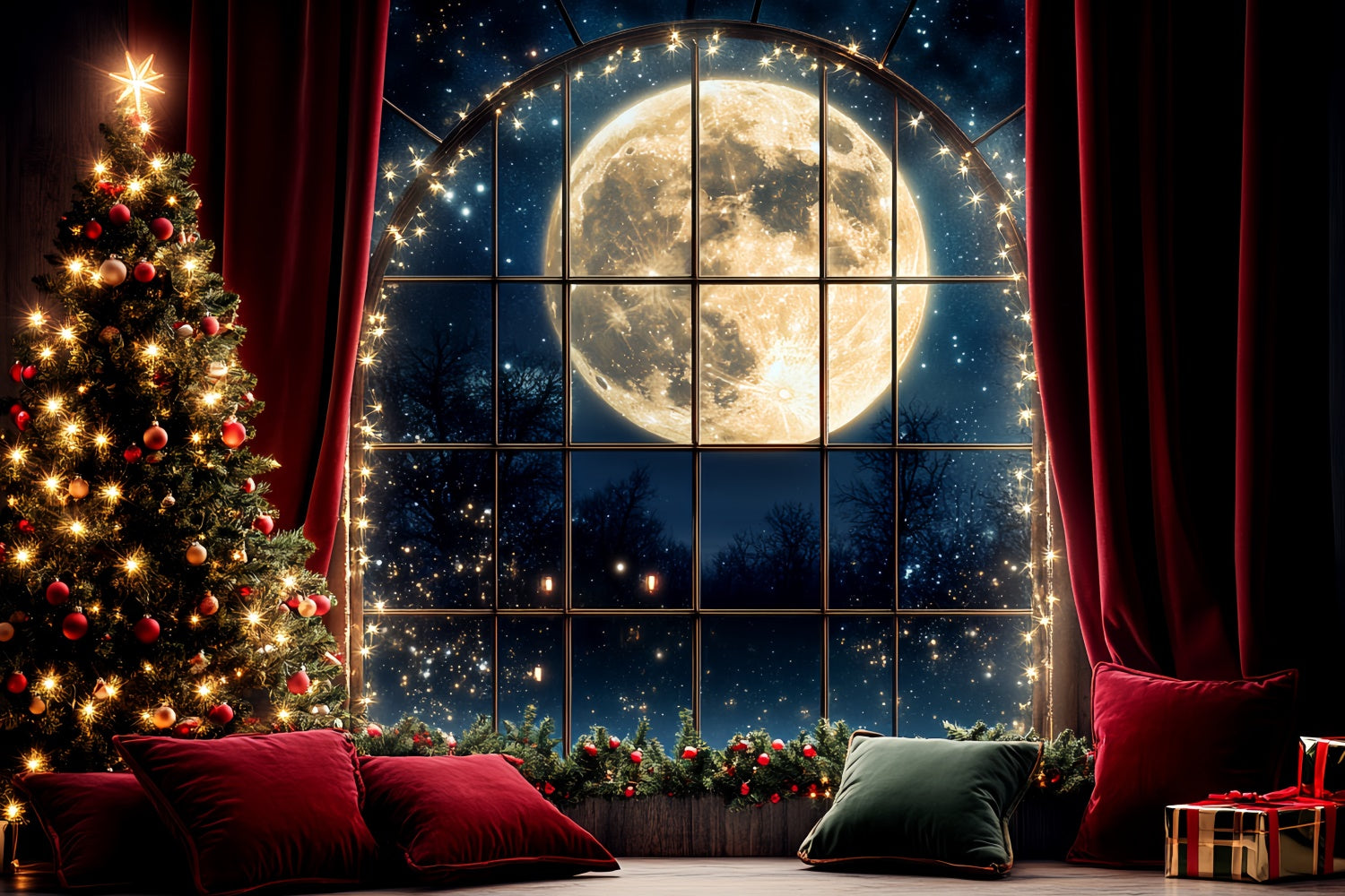 Christmas Backdrops Sale Red Curtain Full Moon Backdrop UK CSH6-250