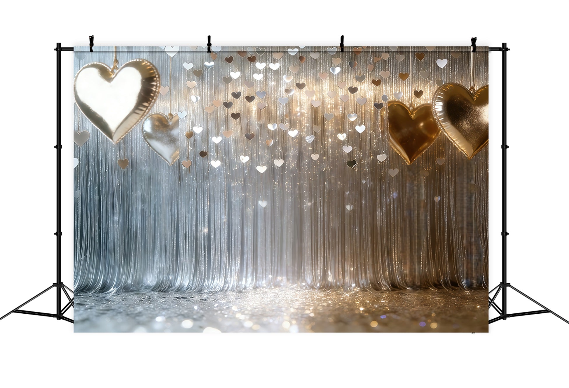 Glitter Valentine Backdrop Silver Heart Fringe Curtain Valentine's Day Backdrops UK CSH61-103