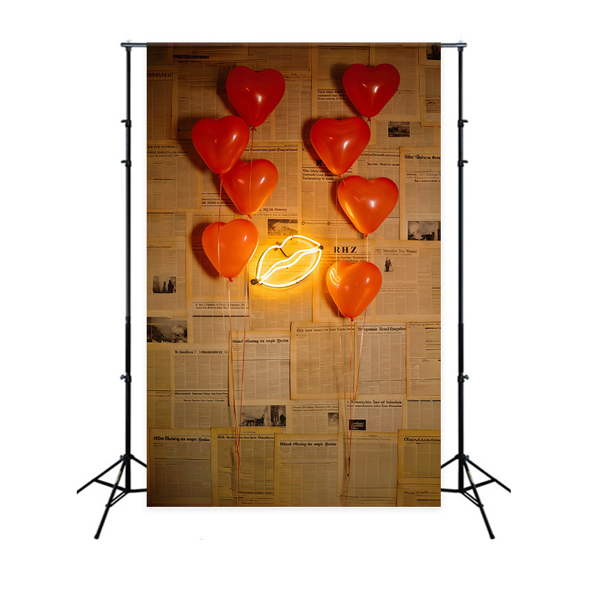 Newspaper Valentine's Day Backdrop Heart Balloons Neon Lips Valentine's Day Backdrop Ideas UK CSH61-109