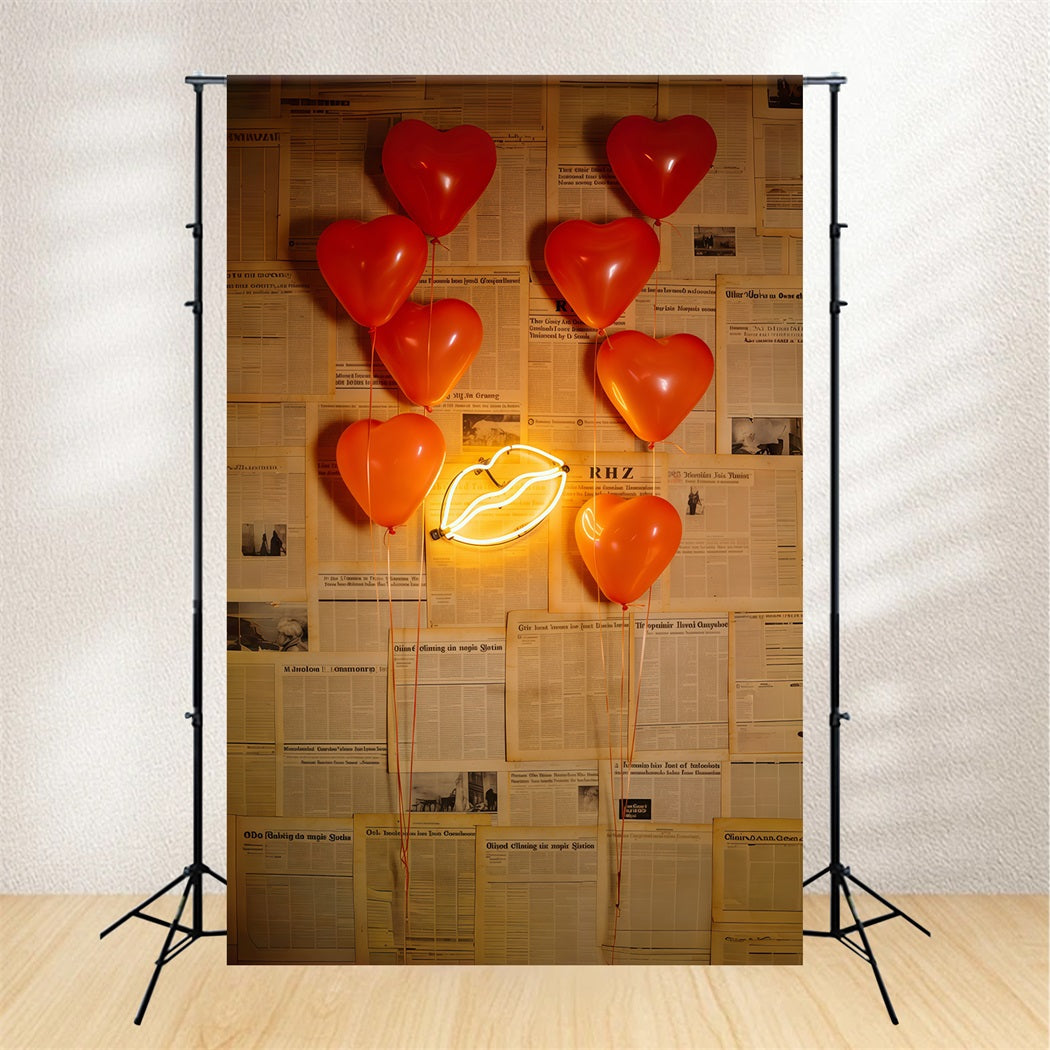 Newspaper Valentine's Day Backdrop Heart Balloons Neon Lips Valentine's Day Backdrop Ideas UK CSH61-109