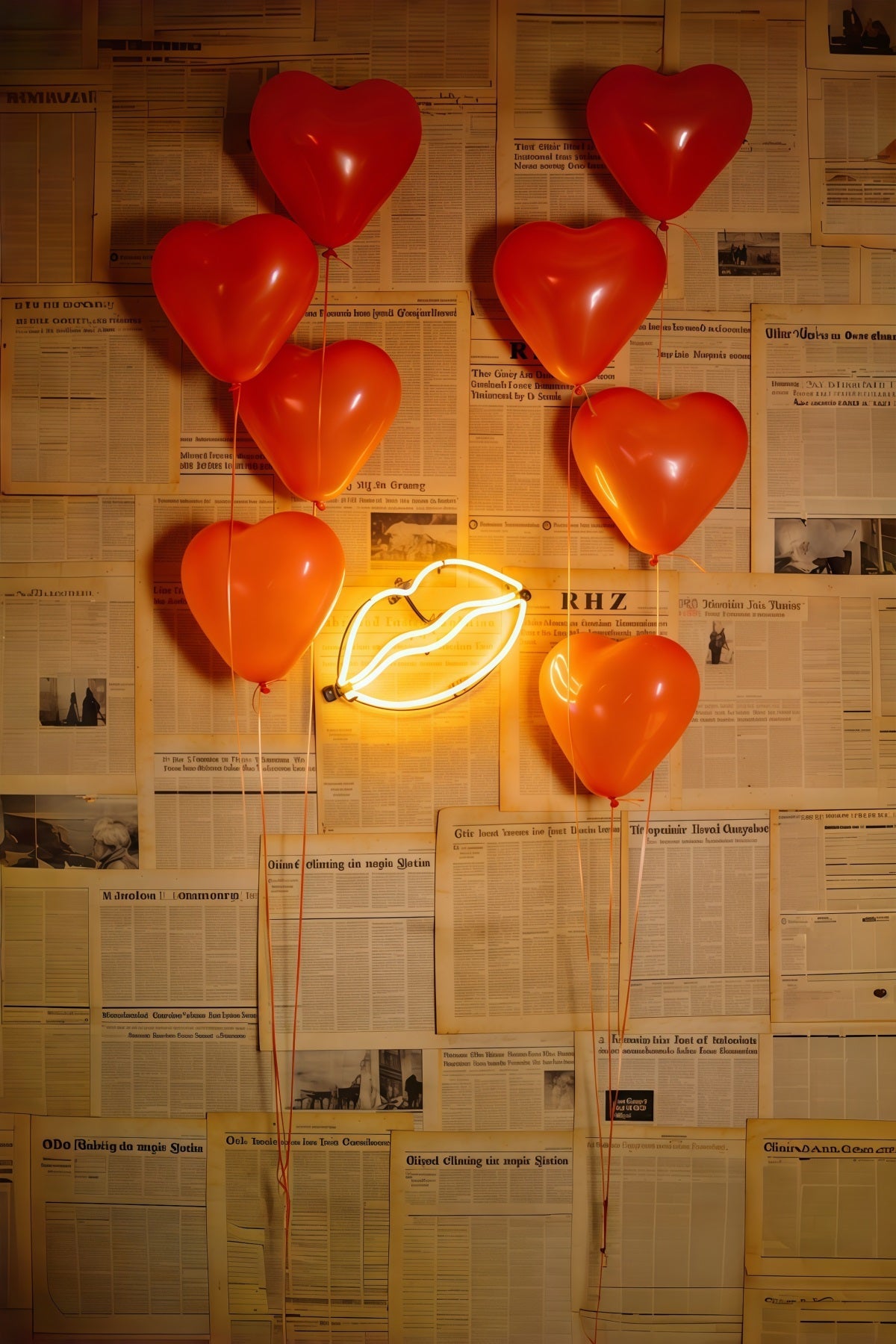 Newspaper Valentine's Day Backdrop Heart Balloons Neon Lips Valentine's Day Backdrop Ideas UK CSH61-109