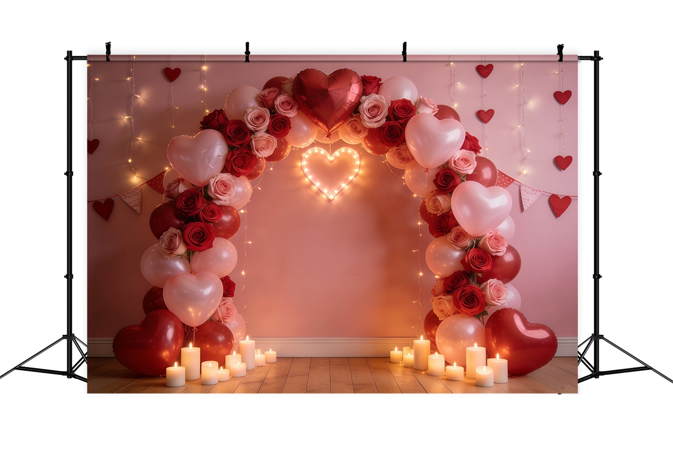 Floral Arch Valentine's Day Backdrop Rose Heart Balloon Arch Romantic Photo Backdrop UK CSH61-113
